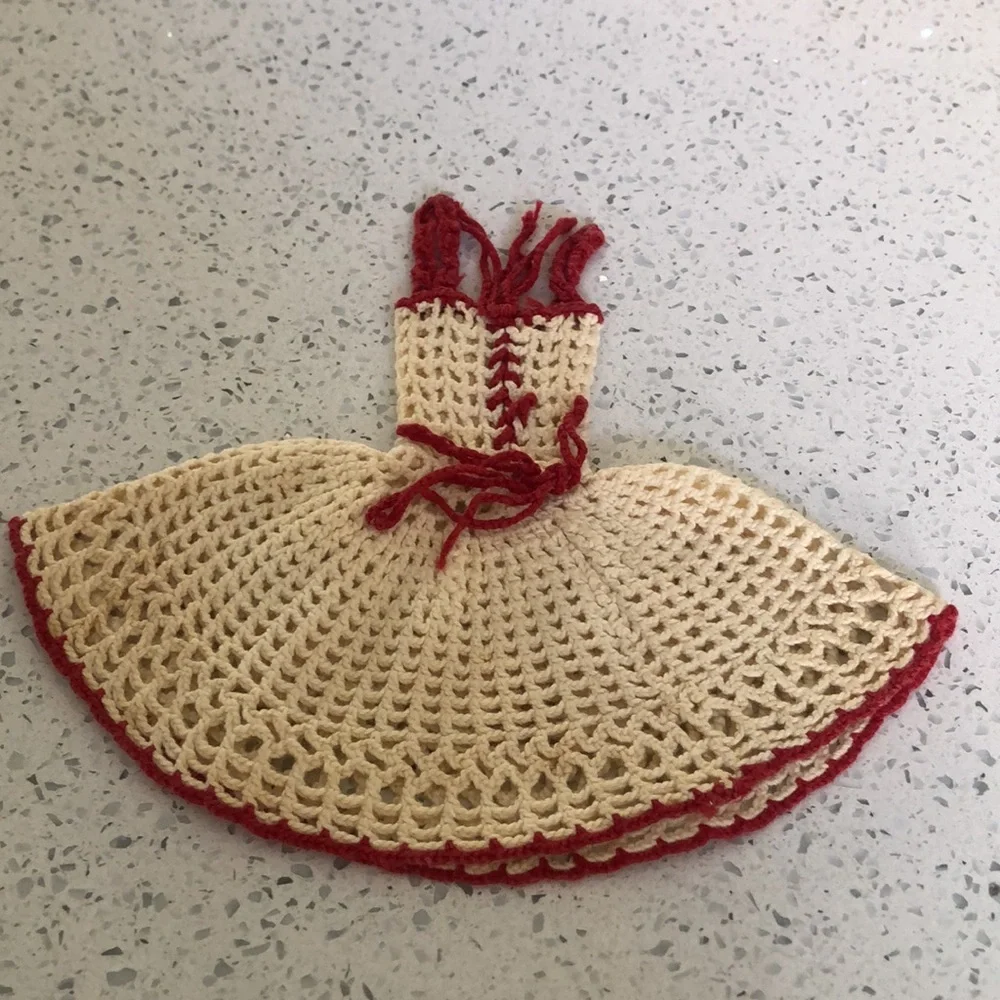 Vintage 50’s doll/kitchen hand crocheted red and cream dress